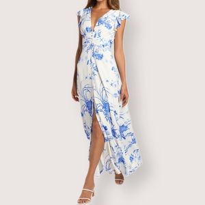 Lulu’s | Botanical Bliss White Floral Print Flutter Sleeve Maxi Dress | US M